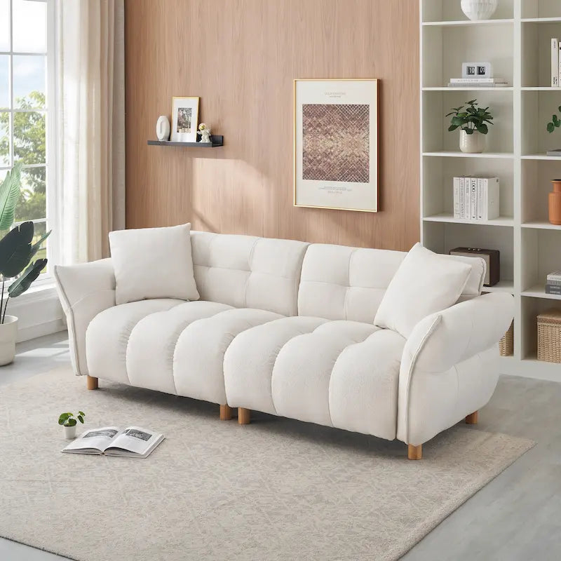 93.7" Teddy Fabric 3-Seater Sofa with Matching Throw Pillows – Beige