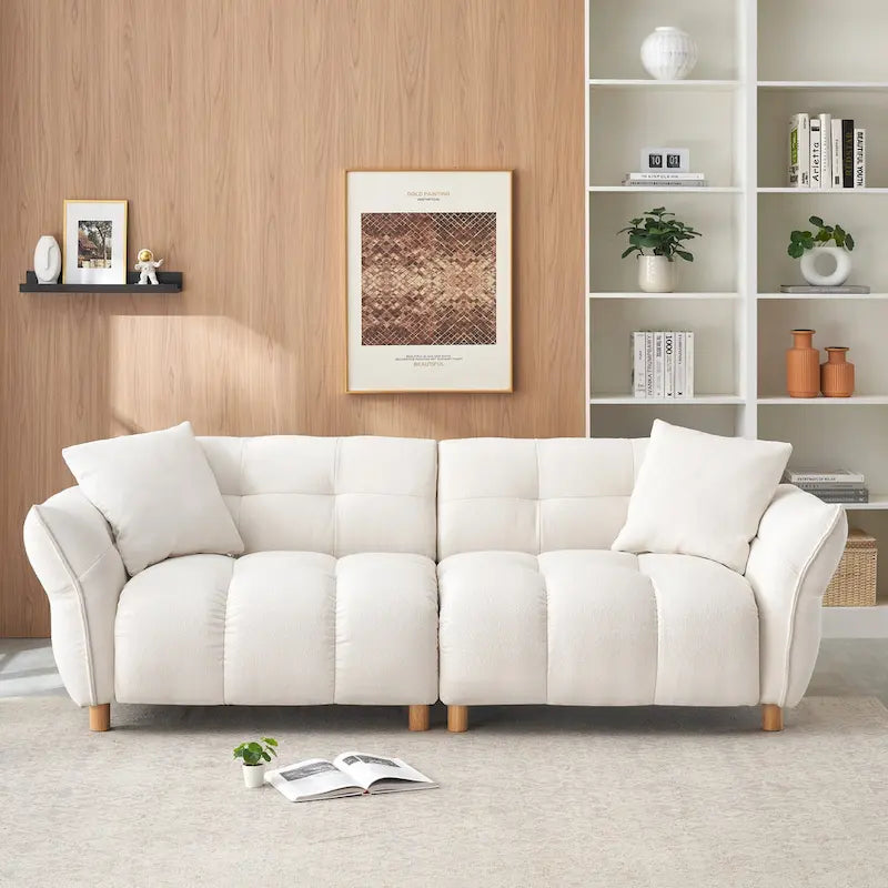 93.7" Teddy Fabric 3-Seater Sofa with Matching Throw Pillows – Beige