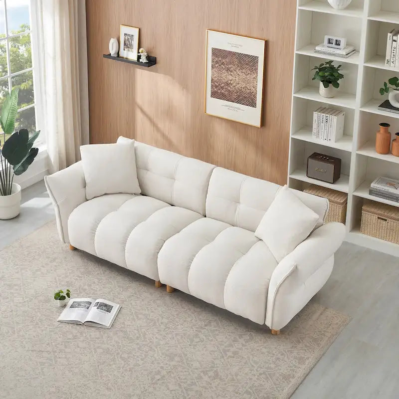 93.7" Teddy Fabric 3-Seater Sofa with Matching Throw Pillows – Beige