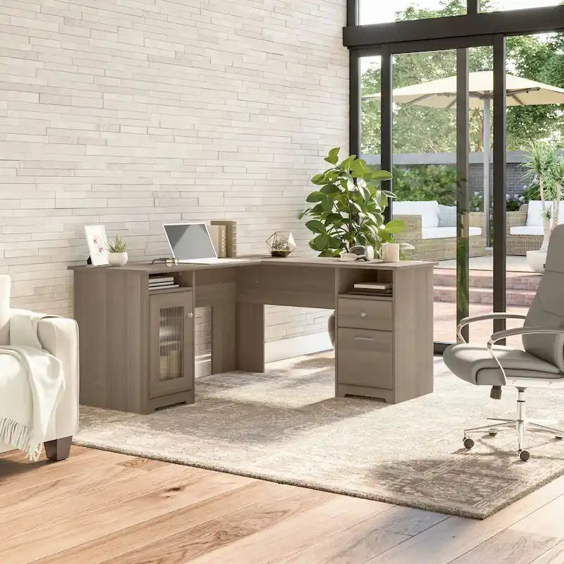 60W L-Shaped Computer Desk with Storage Cabinet & File Drawer