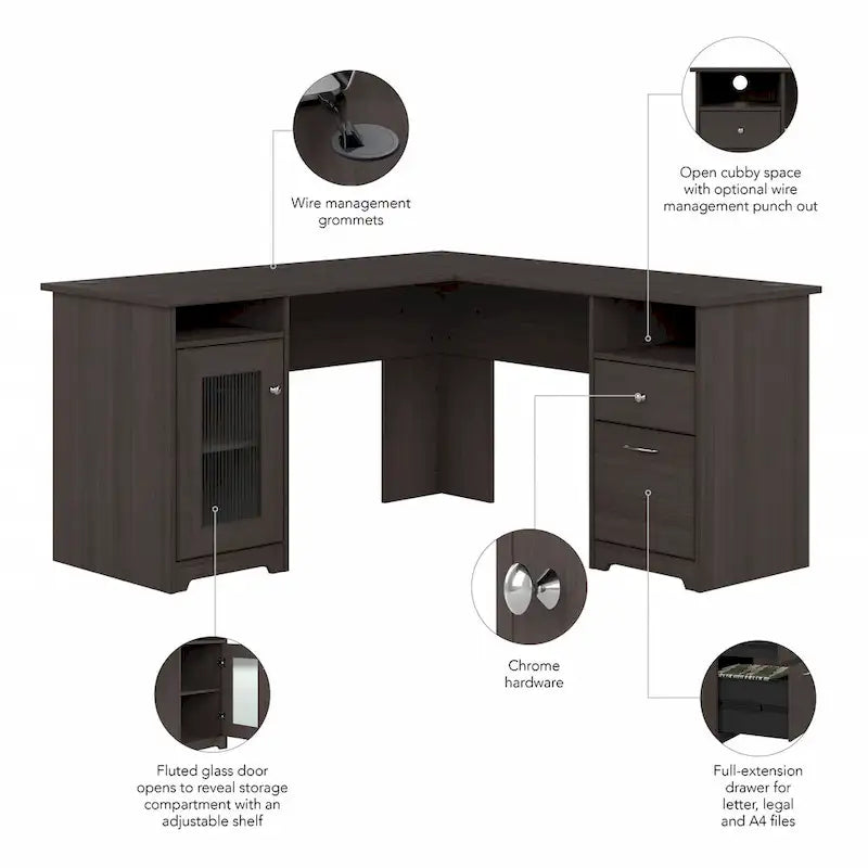 60W L-Shaped Computer Desk with Storage Cabinet & File Drawer