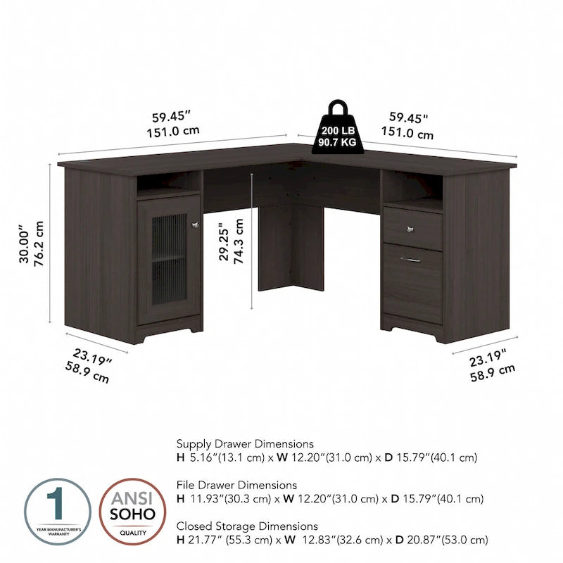 60W L-Shaped Computer Desk with Storage Cabinet & File Drawer