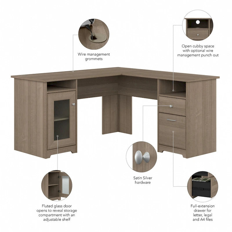 60W L-Shaped Computer Desk with Storage Cabinet & File Drawer