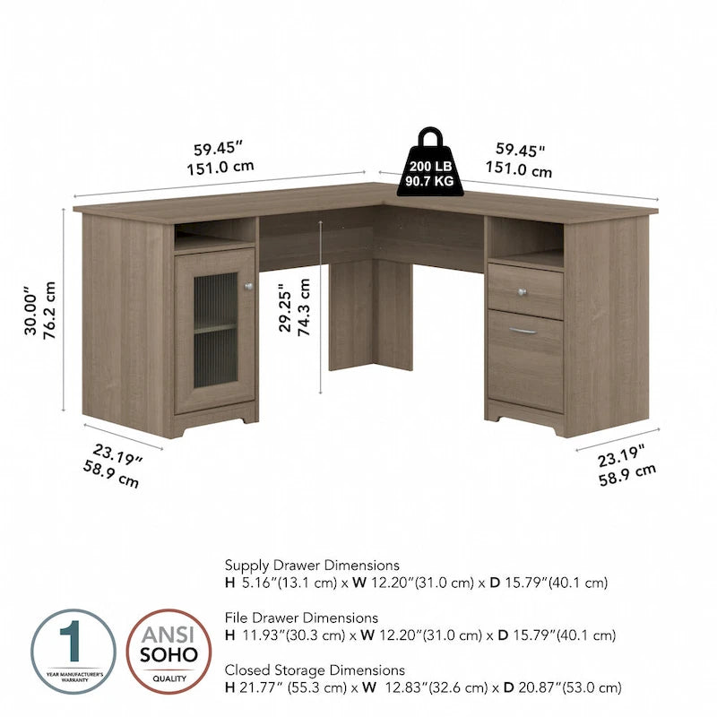 60W L-Shaped Computer Desk with Storage Cabinet & File Drawer