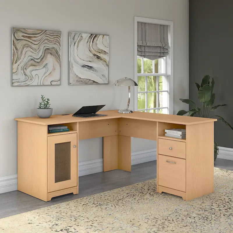 60W L-Shaped Computer Desk with Storage Cabinet & File Drawer