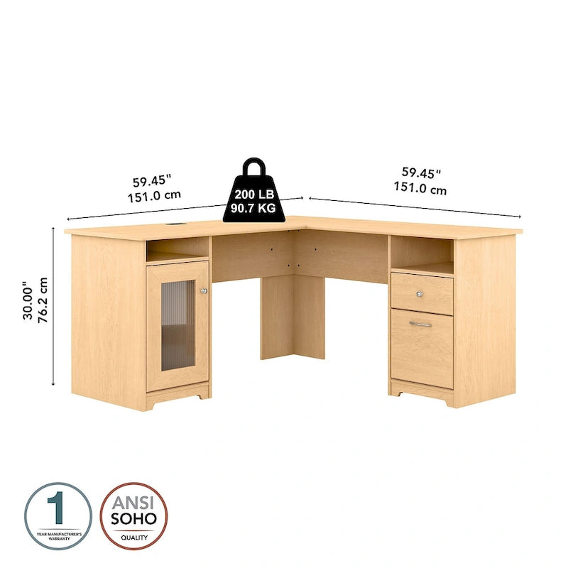 60W L-Shaped Computer Desk with Storage Cabinet & File Drawer
