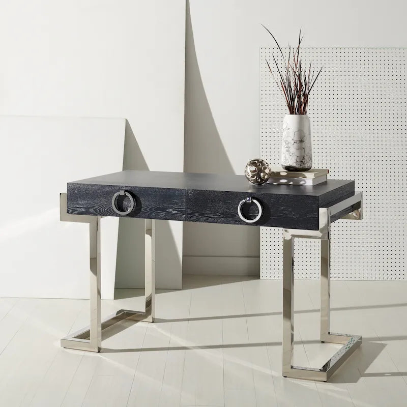 Art Deco Black Lacquer & Gold Leaf 2-Drawer Storage Desk – Luxurious Design