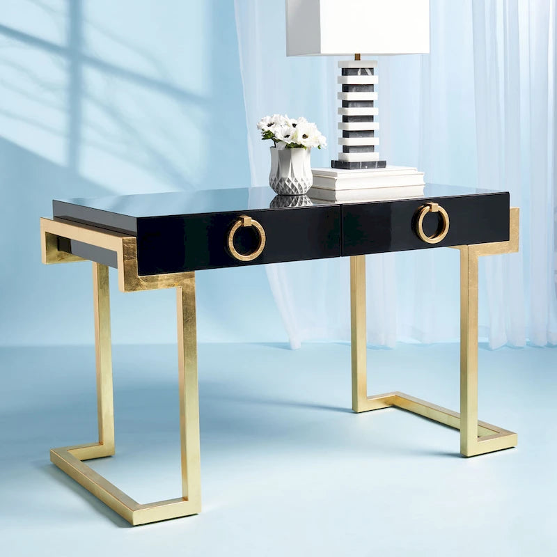Art Deco Black Lacquer & Gold Leaf 2-Drawer Storage Desk – Luxurious Design