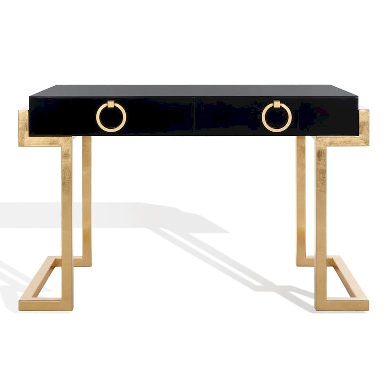 Art Deco Black Lacquer & Gold Leaf 2-Drawer Storage Desk – Luxurious Design