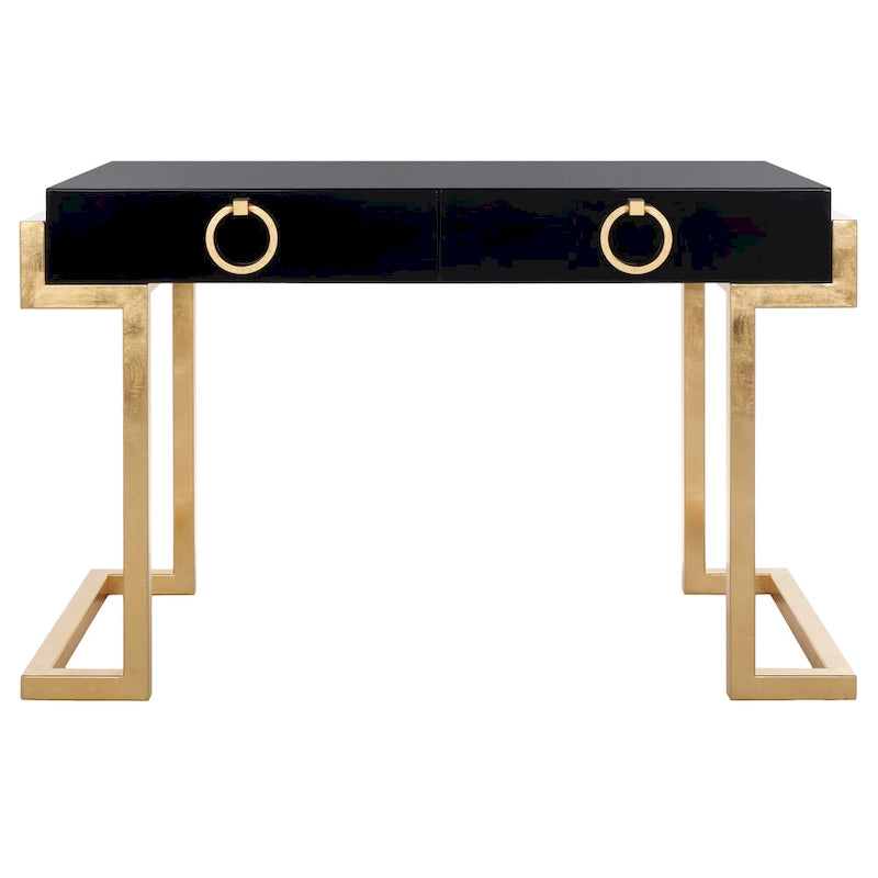 Art Deco Black Lacquer & Gold Leaf 2-Drawer Storage Desk – Luxurious Design