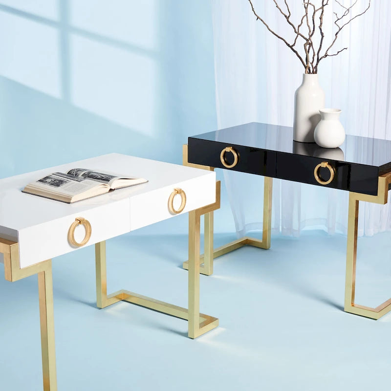 Art Deco Black Lacquer & Gold Leaf 2-Drawer Storage Desk – Luxurious Design