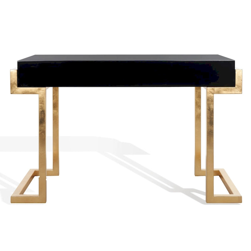 Art Deco Black Lacquer & Gold Leaf 2-Drawer Storage Desk – Luxurious Design