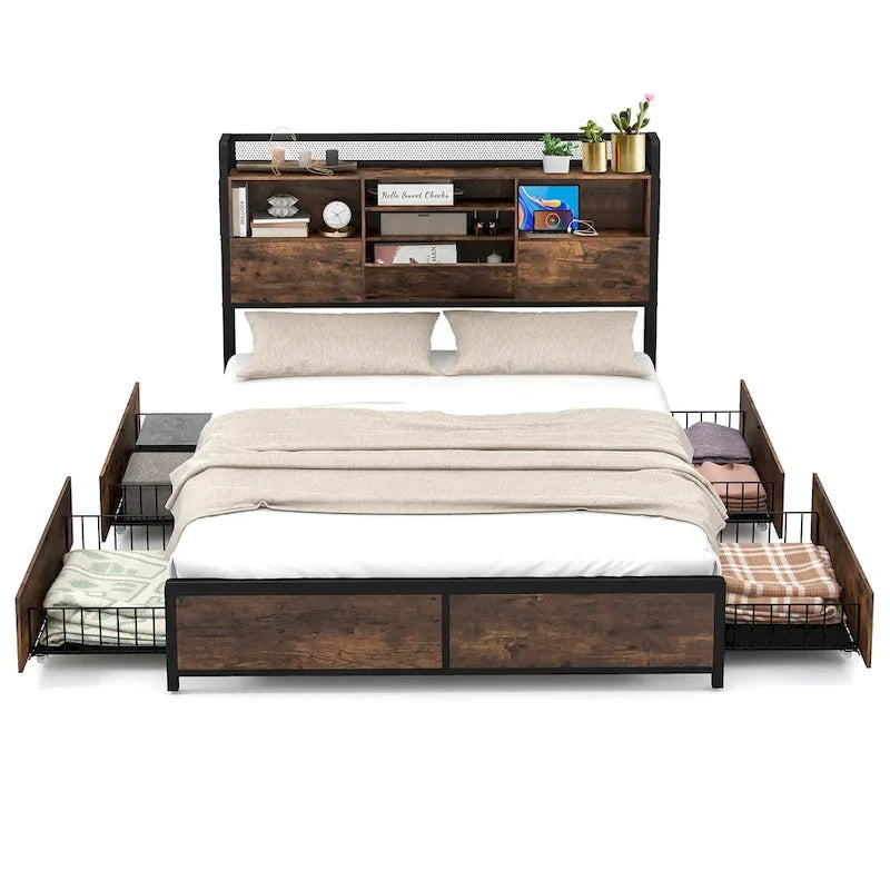 Queen Size Platform Bed with 3-Tier Storage Headboard, 4 Drawers & Charging Station