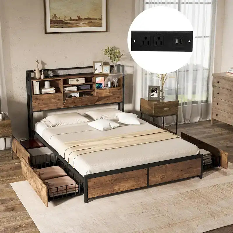 Queen Size Platform Bed with 3-Tier Storage Headboard, 4 Drawers & Charging Station