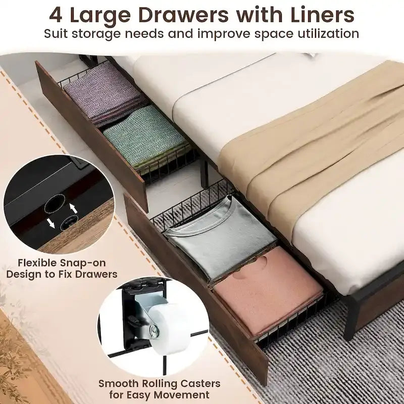 Queen Size Platform Bed with 3-Tier Storage Headboard, 4 Drawers & Charging Station