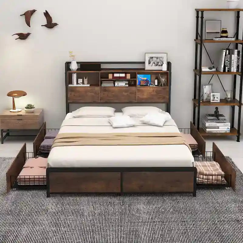 Queen Size Platform Bed with 3-Tier Storage Headboard, 4 Drawers & Charging Station