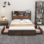 Queen Size Platform Bed with 3-Tier Storage Headboard, 4 Drawers & Charging Station