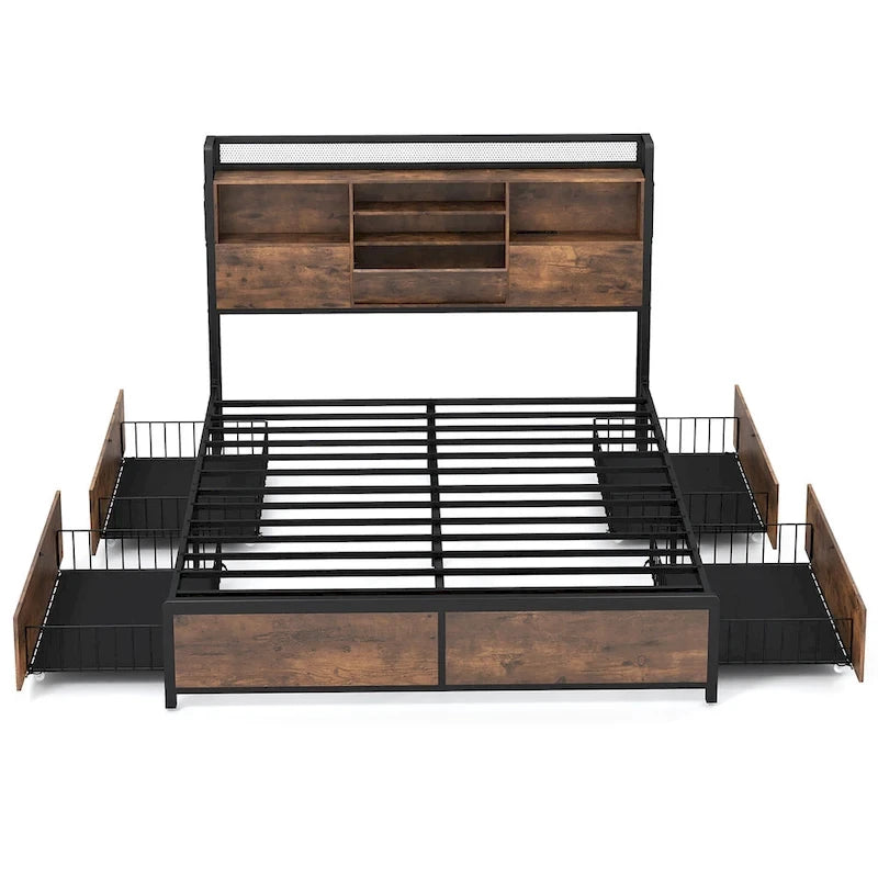 Queen Size Platform Bed with 3-Tier Storage Headboard, 4 Drawers & Charging Station