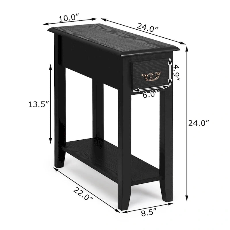 2-Tier Narrow Nightstand Side Table with Drawer & Lower Shelf – Black