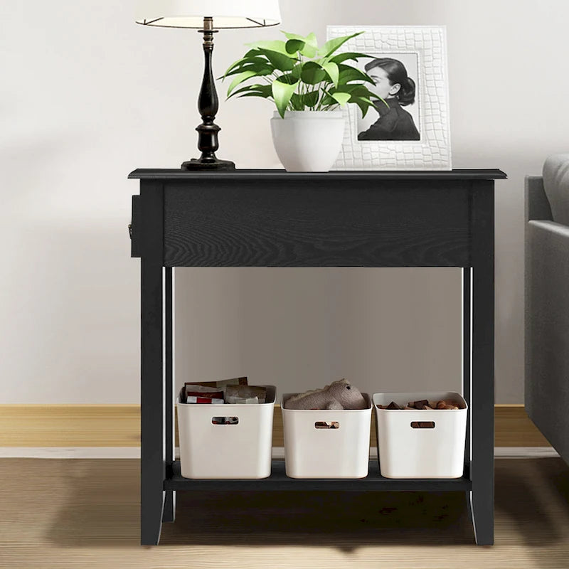 2-Tier Narrow Nightstand Side Table with Drawer & Lower Shelf – Black