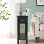 2-Tier Narrow Nightstand Side Table with Drawer & Lower Shelf – Black