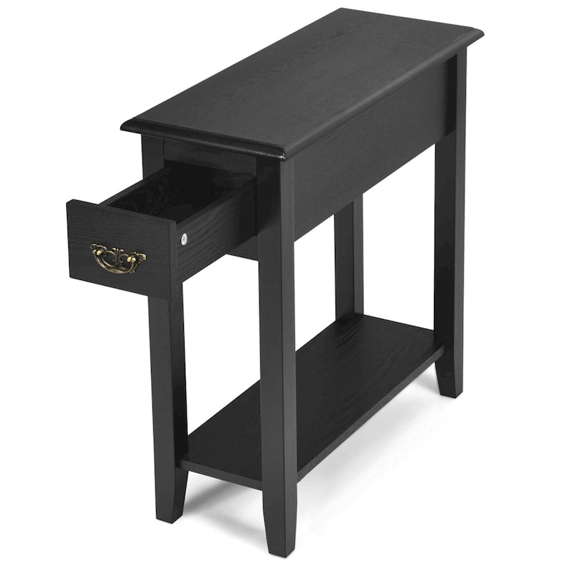 2-Tier Narrow Nightstand Side Table with Drawer & Lower Shelf – Black