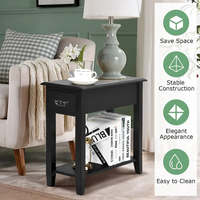 2-Tier Narrow Nightstand Side Table with Drawer & Lower Shelf – Black