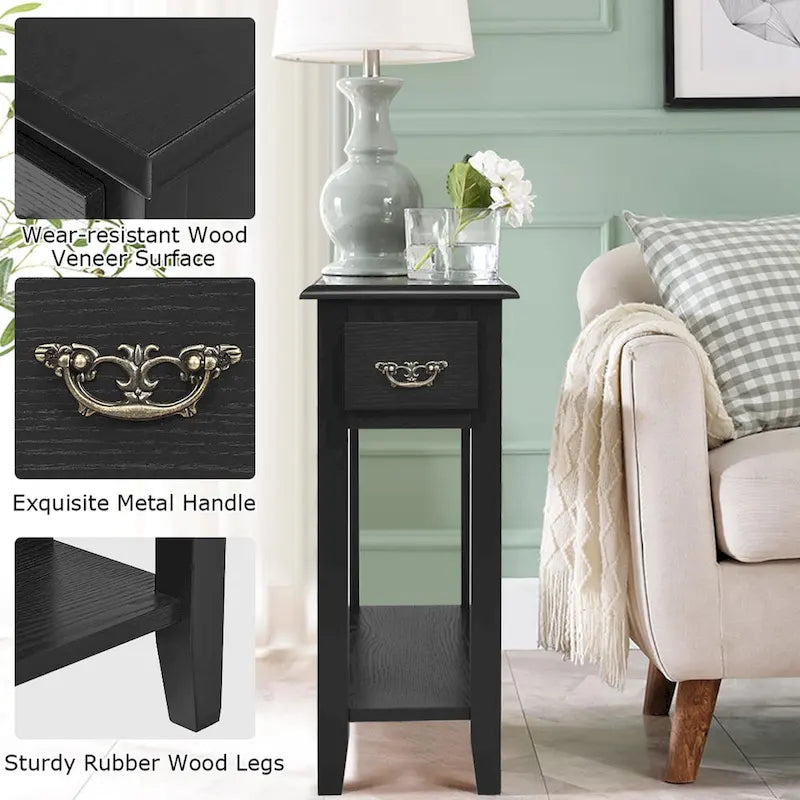 2-Tier Narrow Nightstand Side Table with Drawer & Lower Shelf – Black