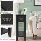 2-Tier Narrow Nightstand Side Table with Drawer & Lower Shelf – Black