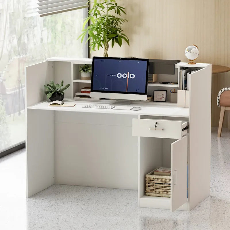 Modern Rectangular Wood Reception Desk with Drawer & Storage Compartments