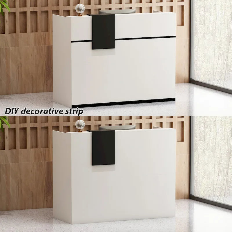Bureau de réception moderne rectangulaire en bois avec tiroir et compartiments de rangement
