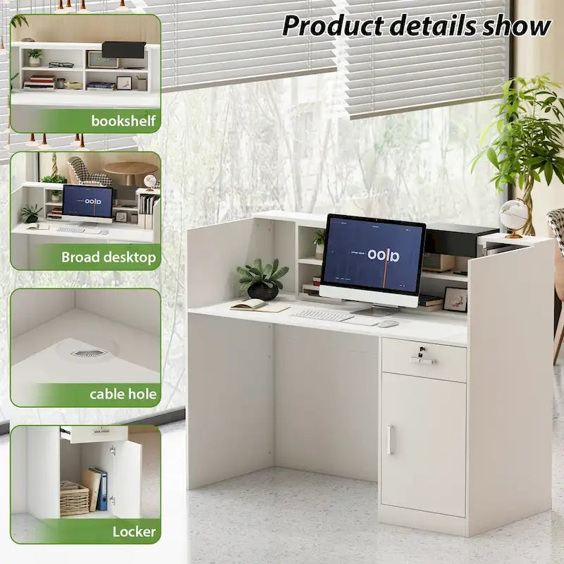 Bureau de réception moderne rectangulaire en bois avec tiroir et compartiments de rangement