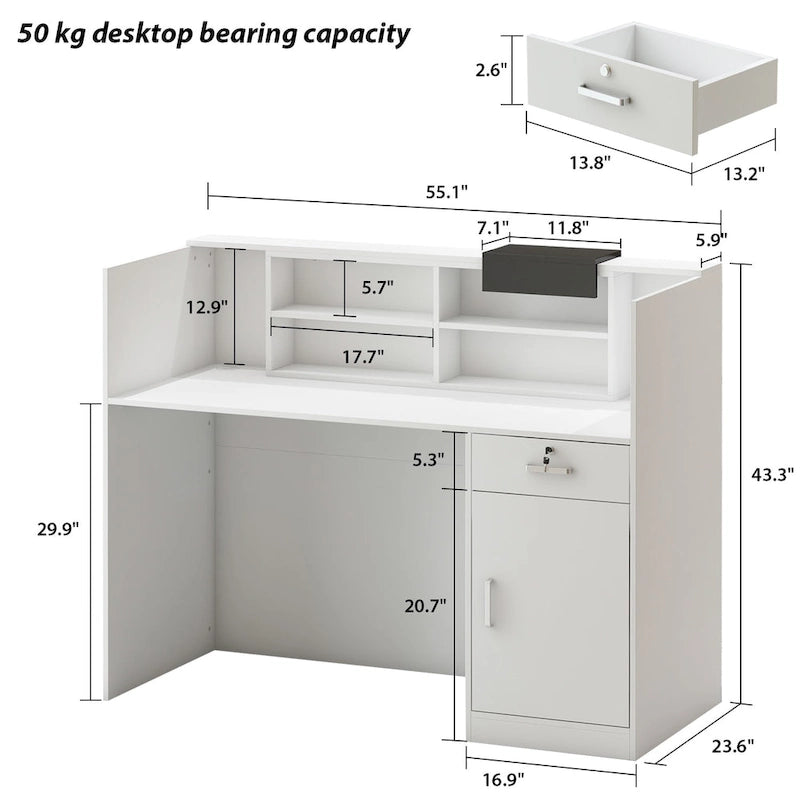 Bureau de réception moderne rectangulaire en bois avec tiroir et compartiments de rangement
