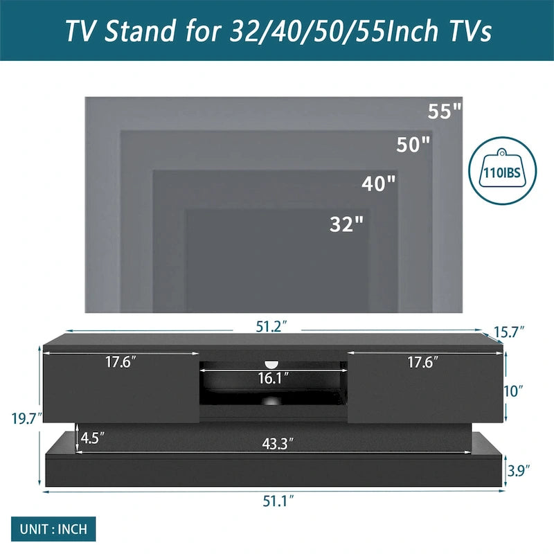 Meuble TV moderne à façade brillante avec lumières LED - 15.75 x 51.18 x 19.68