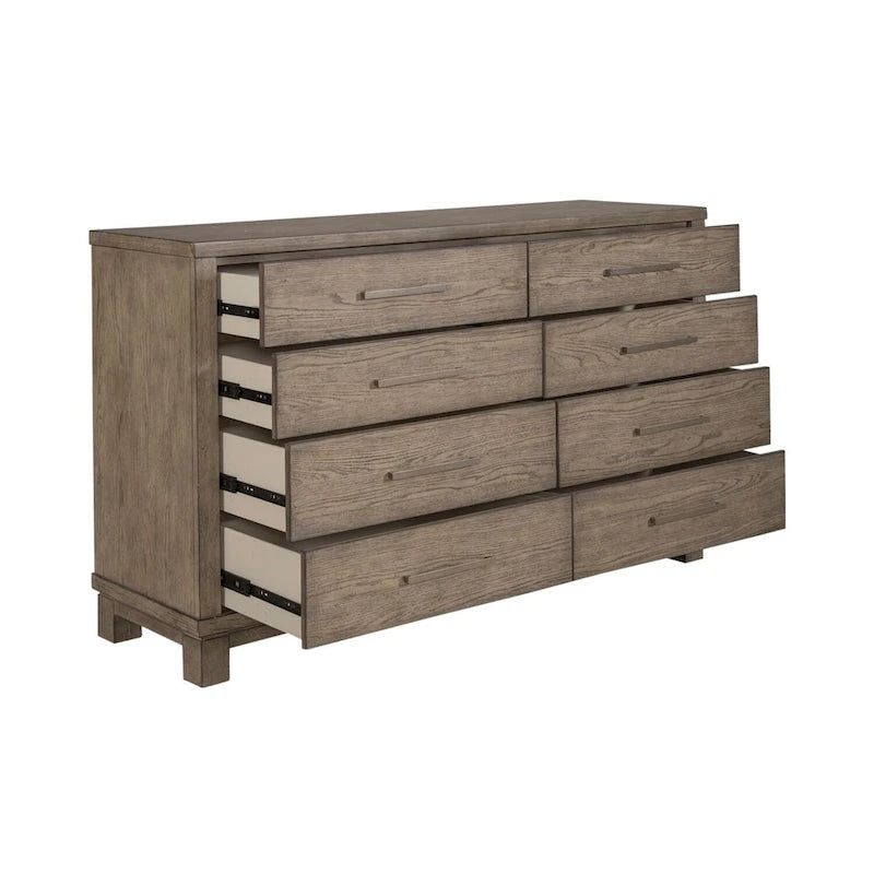 8-Drawer Dresser in Burnished Beige – Rubberwood & Oak Veneer
