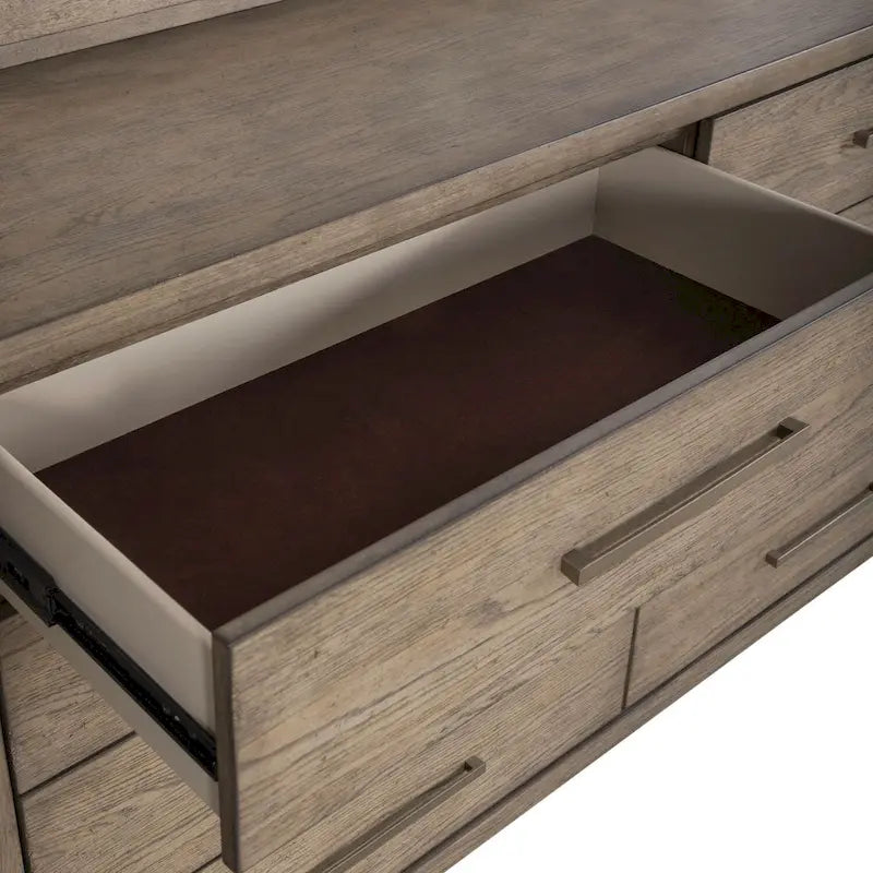 8-Drawer Dresser in Burnished Beige – Rubberwood & Oak Veneer