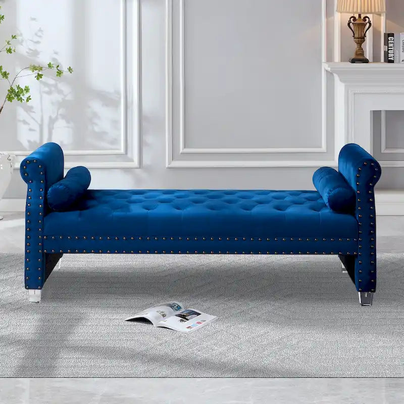 Luxury Tufted Velvet Extra Long Bed Bench with Nailhead Trim & Bolster Pillows