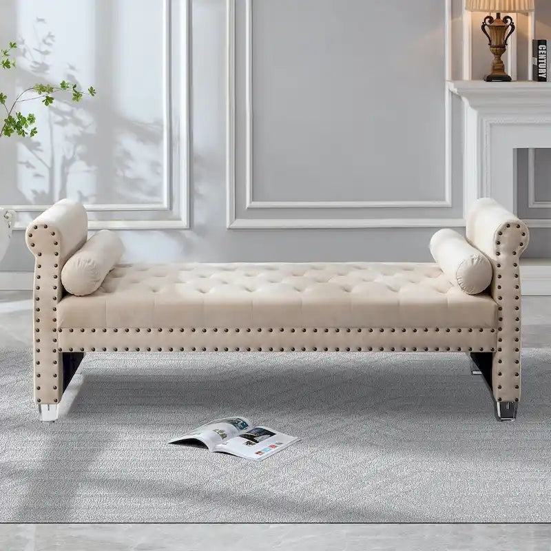 Luxury Tufted Velvet Extra Long Bed Bench with Nailhead Trim & Bolster Pillows