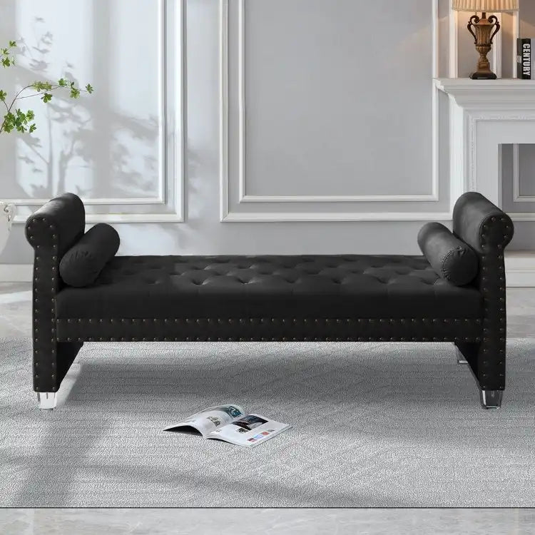 Luxury Tufted Velvet Extra Long Bed Bench with Nailhead Trim & Bolster Pillows