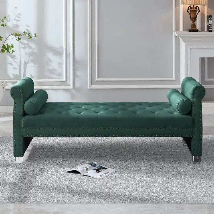 Luxury Tufted Velvet Extra Long Bed Bench with Nailhead Trim & Bolster Pillows