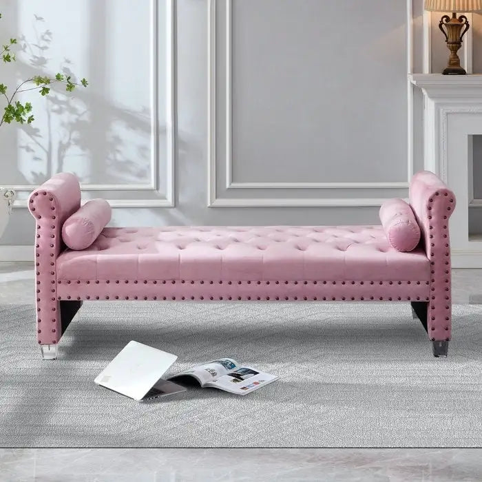 Luxury Tufted Velvet Extra Long Bed Bench with Nailhead Trim & Bolster Pillows