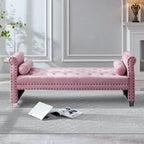 Luxury Tufted Velvet Extra Long Bed Bench with Nailhead Trim & Bolster Pillows