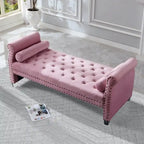 Luxury Tufted Velvet Extra Long Bed Bench with Nailhead Trim & Bolster Pillows