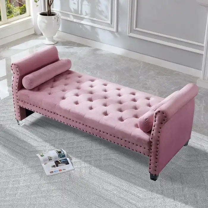 Luxury Tufted Velvet Extra Long Bed Bench with Nailhead Trim & Bolster Pillows