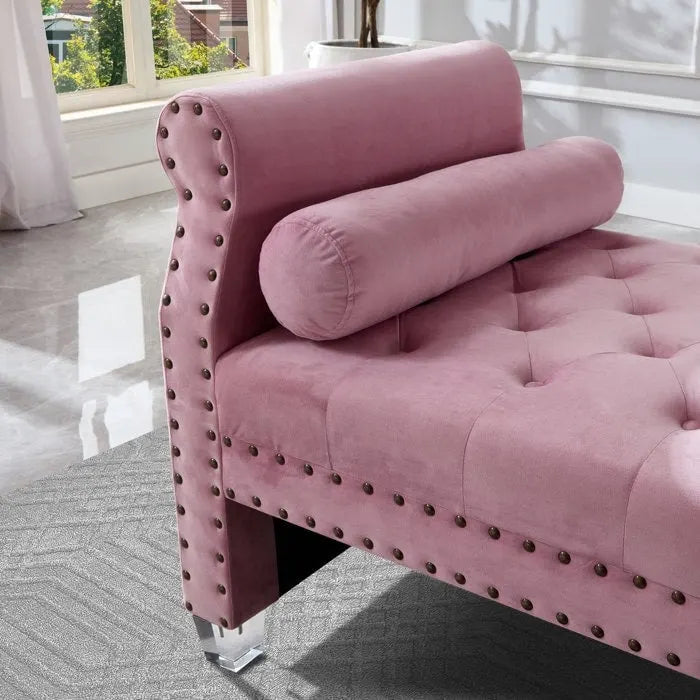 Luxury Tufted Velvet Extra Long Bed Bench with Nailhead Trim & Bolster Pillows