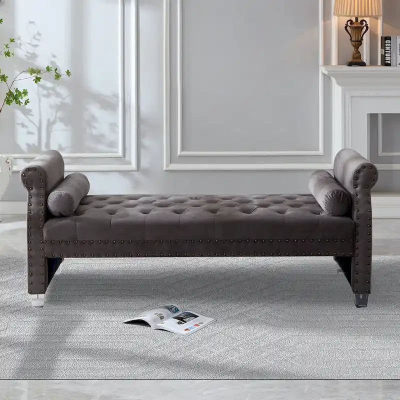 Luxury Tufted Velvet Extra Long Bed Bench with Nailhead Trim & Bolster Pillows