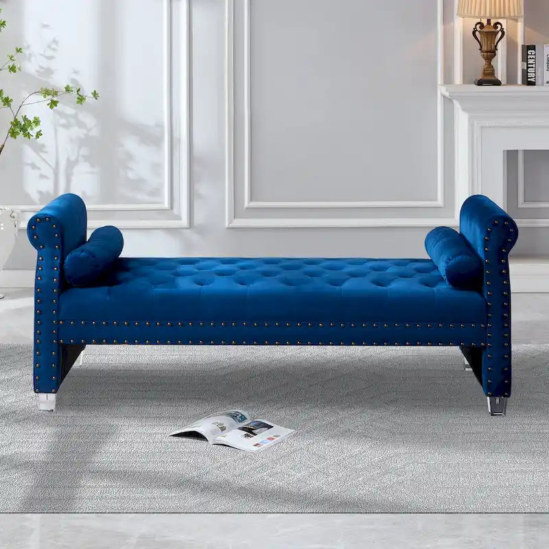 Luxury Tufted Velvet Extra Long Bed Bench with Nailhead Trim & Bolster Pillows