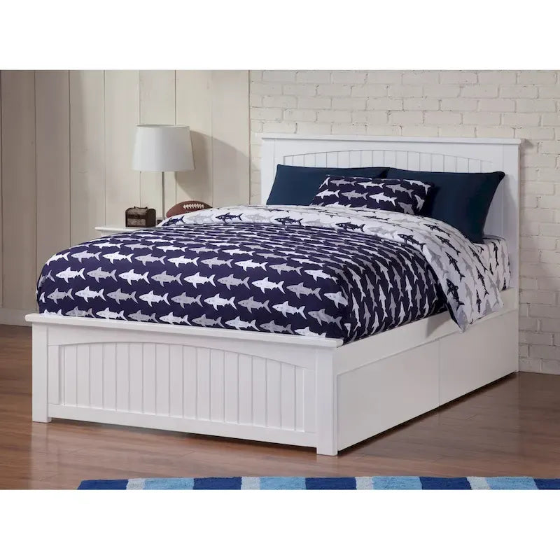 Solid Wood Platform Bed with 2 Storage Drawers & USB Charger – White