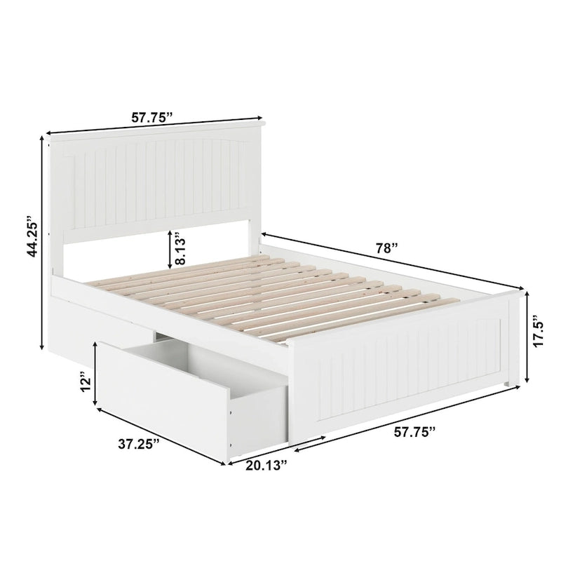 Solid Wood Platform Bed with 2 Storage Drawers & USB Charger – White