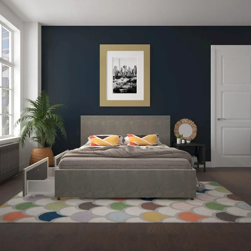 Velvet Upholstered Platform Bed with 4 Locking Storage Drawers – No Box Spring